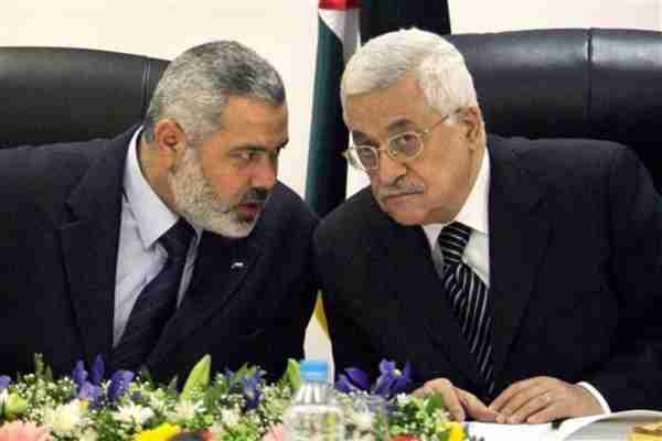 Hamas leader Ismail Haniyeh and Palestinian President Mahmoud Abbas on March 18