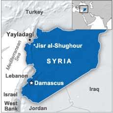 Map of Jisr al-Shughour in Syria and Yayladagi in Turkey