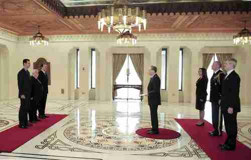 Robert Ford presents his credentials to Bashar al-Assad in January (SANA)