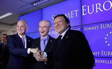 From July 21: Prime Minister of Greece George A. Papandreou, European Council President Herman Van Rompuy. and European Commission President Jos Manuel Barroso exult with joy over bailout agreement for Greece (Kathimerini)