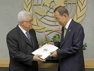 Abbas presents statehood application to UN Secretary-General Ban Ki-moon on Friday (AP)