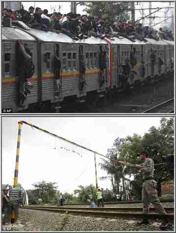 Top: Commuters cover the roof and hang from doorways.  Bottom: Authorities install concrete balls that will knock people off the roofs.  (Daily Mail / AP)