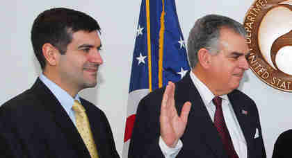 Sam LaHood, left, at the swearing in ceremony of his father, Ray LaHood (AP)