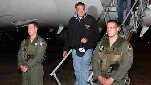 Leon Panetta arrives at Yokota Air Base near Tokyo (AP)