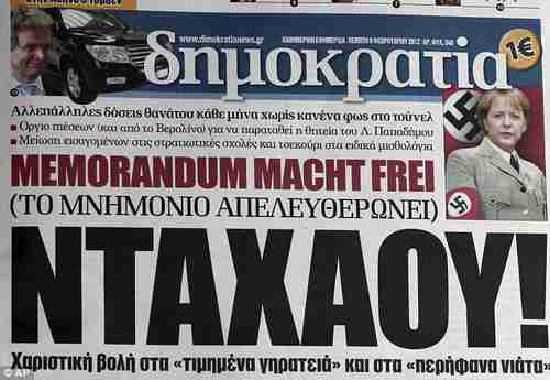 Merkel depicted in as Nazi in Greek newspaper Democracy, February 2012