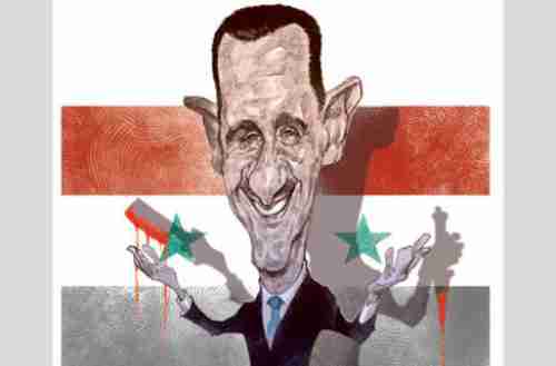 Cartoon depiction of al-Assad grinning with blood on his hands (Gulf News)