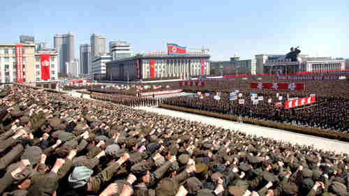 Large war rally in Pyongyang, N. Korea, on Friday (KCNA)