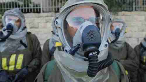 Israeli soldiers testing chemical protection gear