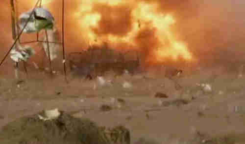 Image grab from video showing one of Friday's three car bombs at moment of explosion (AP)