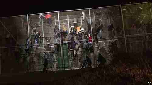 A flood of migrants scaled the metallic fence dividing Morocco from Metilla (AP)