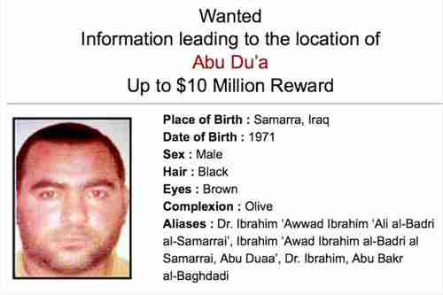 Wanted poster for ISIS leader Abu Bakr al-Baghdadi