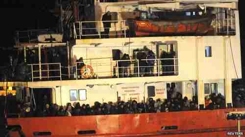 The abandoned cargo ship Blue Sky M on Wednesday, found in the open seas packed with 970 migrants and no crew (Reuters)