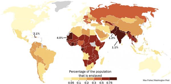 Countries with the highest numbers of slaves, by percentage of population (Washington Post)