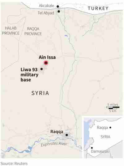 Raqqa province in Syria. Kurdish forces have defeated ISIS in Tal Abyad, Ain Issa and Liwa 93 military base, and taken control of all three.  (Reuters)