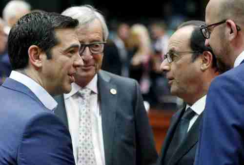 (L-R) Greece's PM Alexis Tsipras, European Commission president Jean-Claude Jncker, France's president Franois Hollande, Belgium's PM Charles Michel, at Eurogroup in Brussels on Sunday (Reuters)