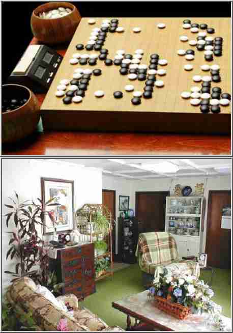 Two pattern recognition problems.  Top: Find the best move in a Go position.  Bottom: Find the clock in the room.