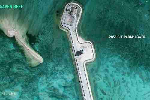 Satellite image showing construction of possible radar tower facilities in the Spratly Islands in the South China Sea (Reuters)