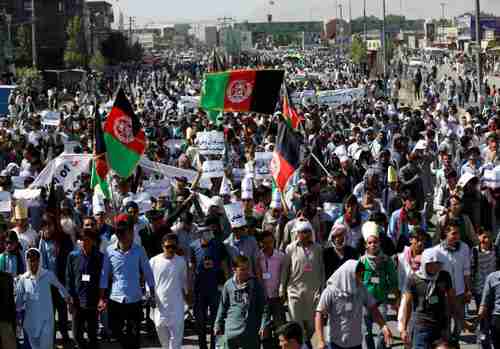 Thousands of Shia Hazara protesters in Kabul on Saturday, just prior to the attack (Reuters)