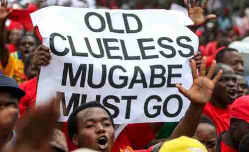 Protestor holds up a sign saying 'Old clueless Mugabe must go' (The Herald)