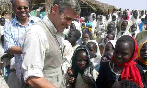 Celebrity star George Clooney visiting a Darfur refugee camp in 2008 (AP)