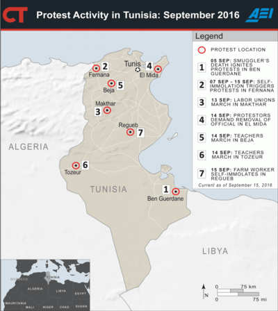 Protest activity in cities across Tunisia (AEI)