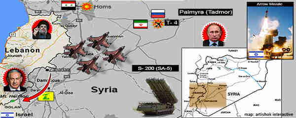 Map of region.  Israeli warplanes struck Lebanon-bound convoy near the T-4 airbase near Palmyra.  Syrian Russian-made S-200 ground to air missiles targeted the Israeli planes without success.  One was intercepted by Israel's Arrow missile system.  This map also depicts (red arrow) a claim by Debka that Hezbollah may be planning an attack on Israeli-held Mount Hermon.  (Debka)