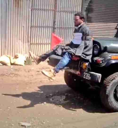 Indian security forces tie Kashmiri man to jeep to discourage rock throwing by separatists