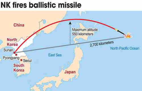 Map showing trajectory of North Korean missile (Yonhap)