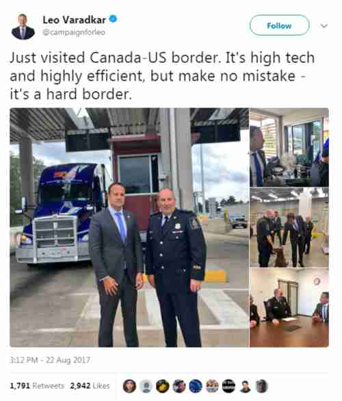 Ireland's prime minister Leo Varadkar (L) visits US-Canada border to see if the same thing would work for the Ireland - Northern Ireland border.  He tweeted, 'Just visited the Canada-US border. It's high tech and highly efficient, but make no mistake - it's a hard border.'