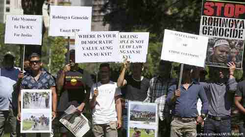 Demonstrators protesting Myanmar (Burma) genocide of Rohingyas at ASEAN summit on Saturday (AP)