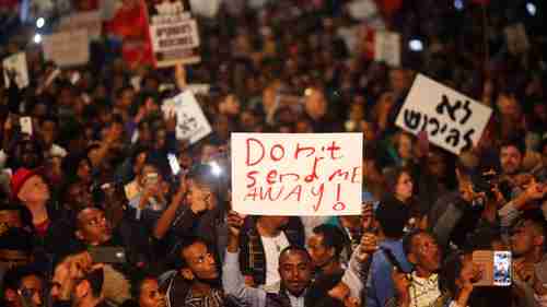 Asylum seekers in Tel Aviv, Israel, protest against deportation on 24-Feb (AP)