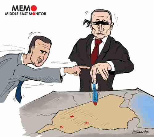 An Arab cartoon expressing the view that Vladimir Putin blindly bombs wherever Bashar al-Assad tells him, making Putin the puppet of puppetmaster al-Assad (Mideast Monitor)