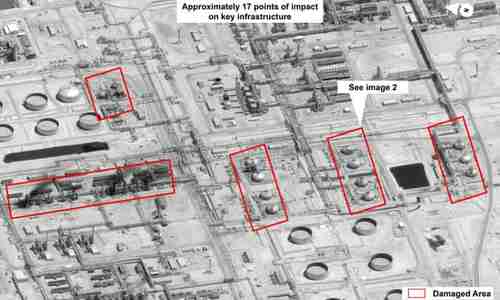 This image provided by the US government and DigitalGlobe shows damage to the infrastructure at Saudi Aramcos Abqaiq oil processing facility in Buqyaq. (AP)