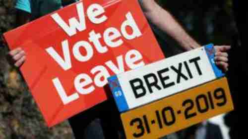 Placards demanding Brexit on October 31, as Boris Johnson has promised (Reuters)