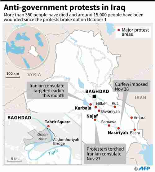 Map of Iraq showing locations of anti-government, anti-Iran protests (AFP)