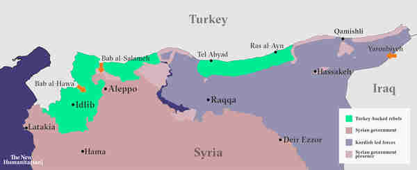 Map of Syria showing areas of control by Syria, Turkey and Kurds (New Humanitarian)