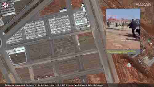 New large burial trenches in Qom visible from space.  Inset photo shows a man carrying a coffin to burial trench (Vox)