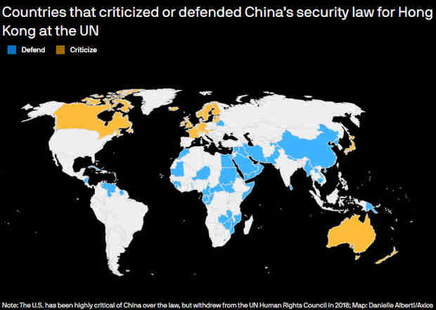 World map showing countries defending or criticizing China's human rights record (Axios)