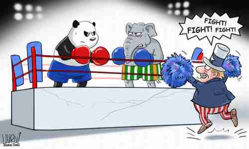 Chinese cartoon blaming China-India conflict on incitement by the US (Global Times)