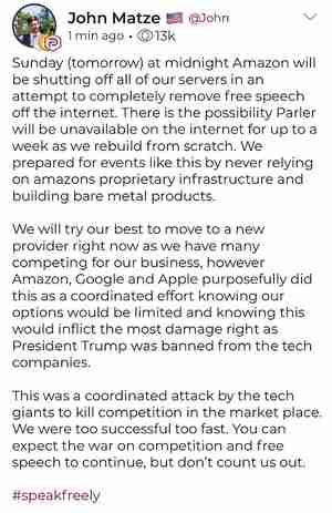 Jan 9 announcement by John Matze, CEO of Parler.com, of a coordinated attack by Twitter, Google and Amazon