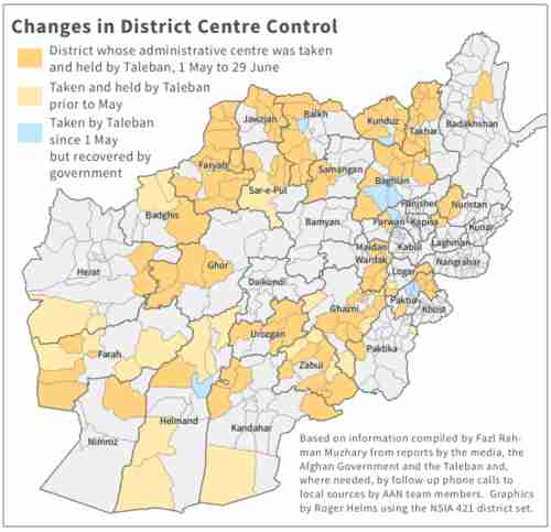 Map of Afghanistan showing recent rapid advance of Taliban (Afghan-Analysts)