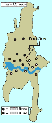 At time = 85 years, the two sides hold a Peace Conference and partition the land in order to prevent another crisis war.