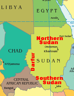 Sudan and neighboring countries.  Sudan has three major regions: Northern Sudan, Southern Sudan, and Darfur (Western Sudan)