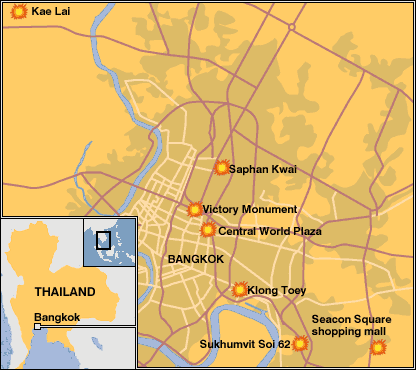 Locations of nine bombs in Bangkok, Thailand <font size=-2>(Source: BBC)</font>