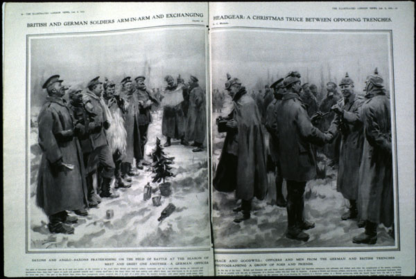 Christmas truce drawing from the London News of January 9, 1915.  The drawing's caption reads, in part, "British and German soldiers arm-in-arm and exchanging headgear: a Christmas truce between opposing trenches. Drawn by A. C. Michael."