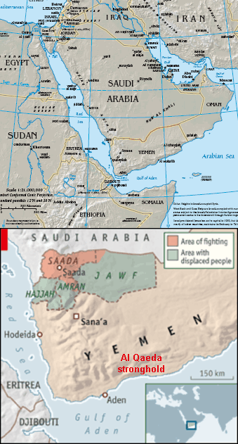 Yemen.  Shia Houthi rebels are fighting the army in northern Yemen, while al-Qaeda is established in southern Yemen. <font size=-2>(Source: CIA Fact Book / Economist)</font>